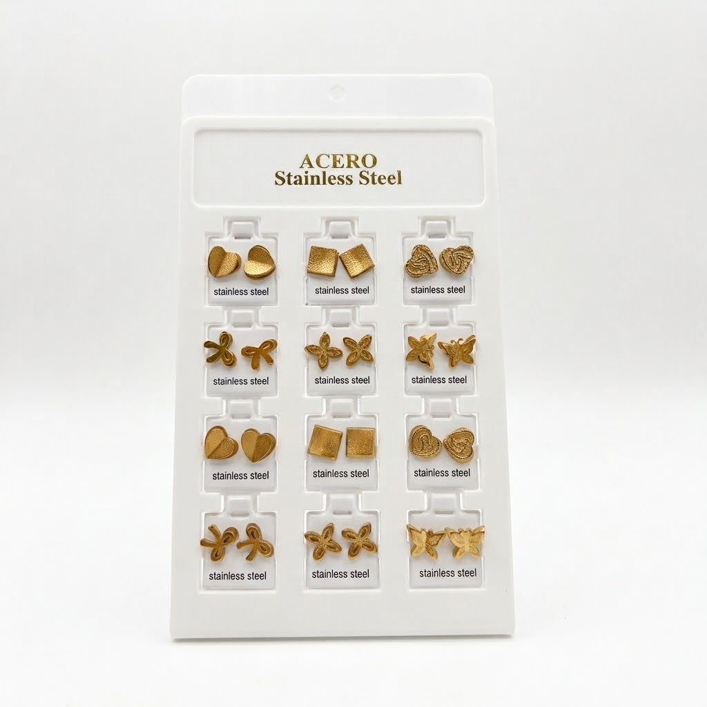 Orecchini Acciaio Inossidabile Dorato - Farfalle, Cuori, Fiori 24 pz