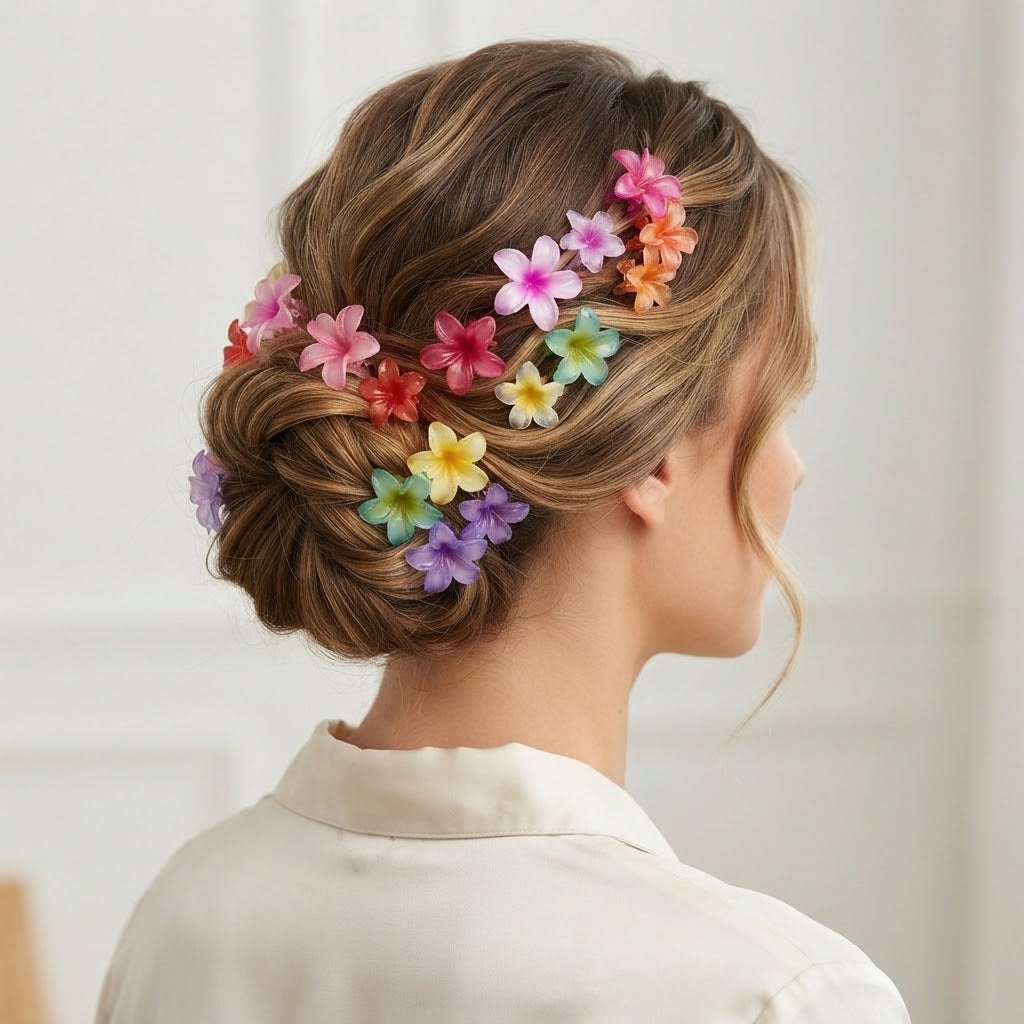 Mini Mollette Fiore Multicolor – Clip Capelli Plumeria Sfumate, Stile Boho 6 pz misti