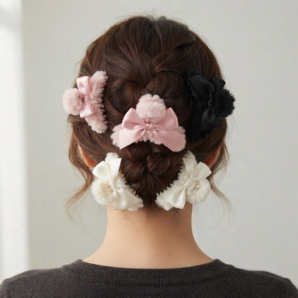 Mollette per Capelli con Fiocco in Pelliccia Sintetica e Pompon