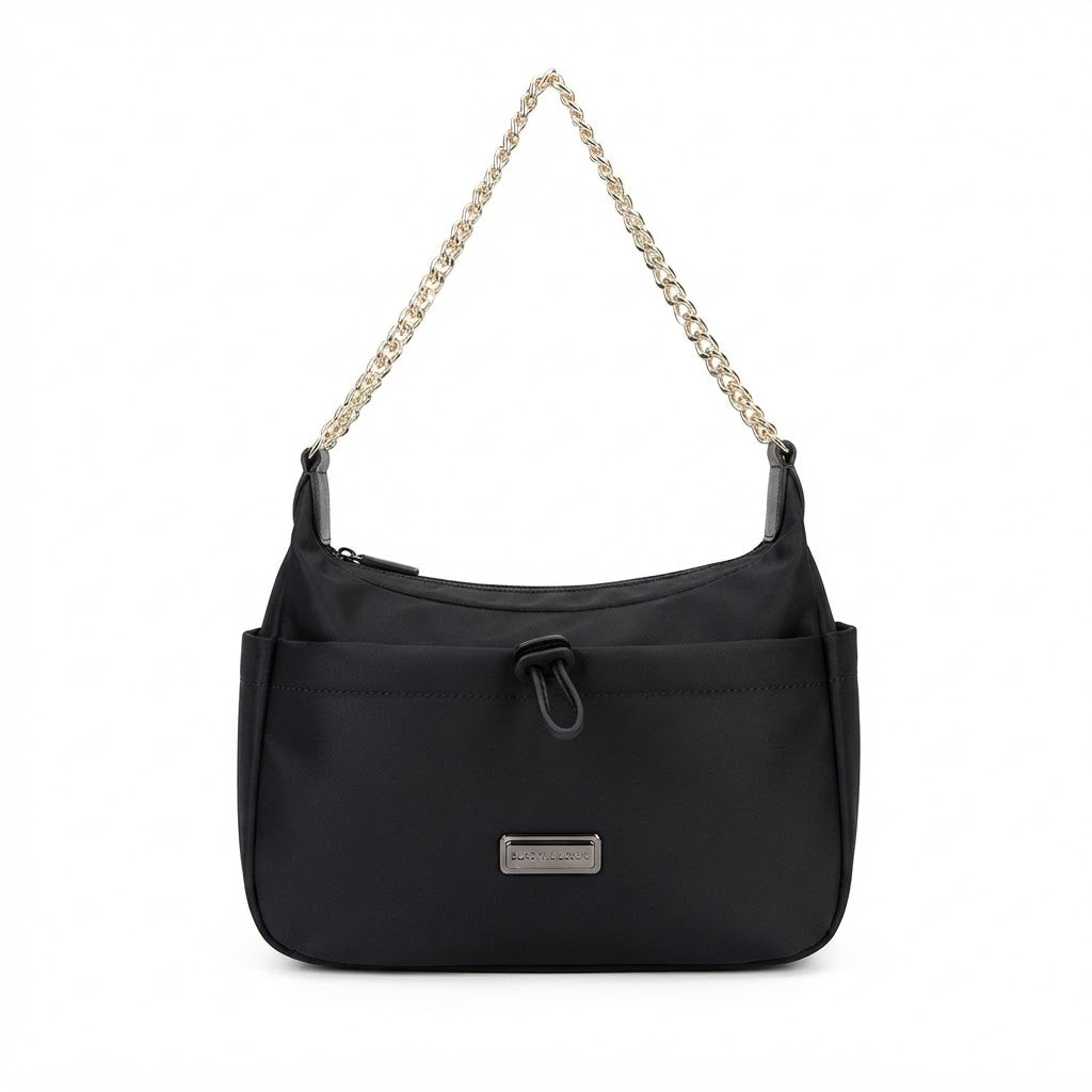 Borsa a spalla Charro in nylon nero con manico a catena dorata