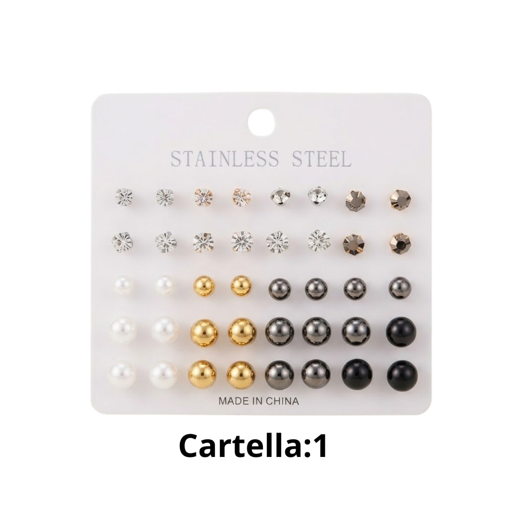 Set Orecchini a Bottone Misti in Acciaio Inossidabile - Perle, Strass e Metallo, Multicolore 6 cartelle