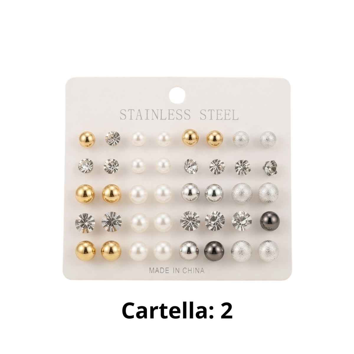 Set Orecchini a Bottone Misti in Acciaio Inossidabile - Perle, Strass e Metallo, Multicolore 6 cartelle