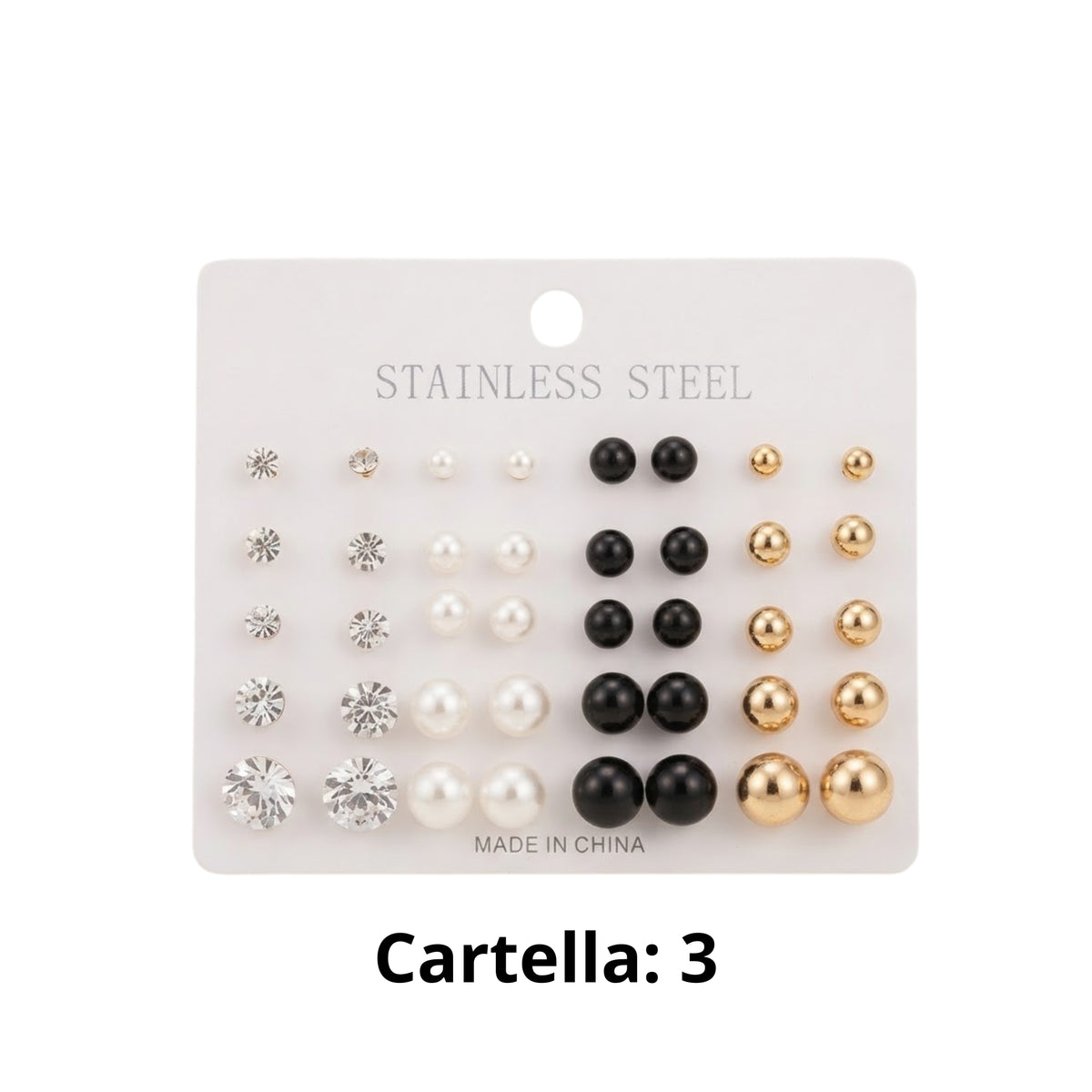 Set Orecchini a Bottone Misti in Acciaio Inossidabile - Perle, Strass e Metallo, Multicolore 6 cartelle