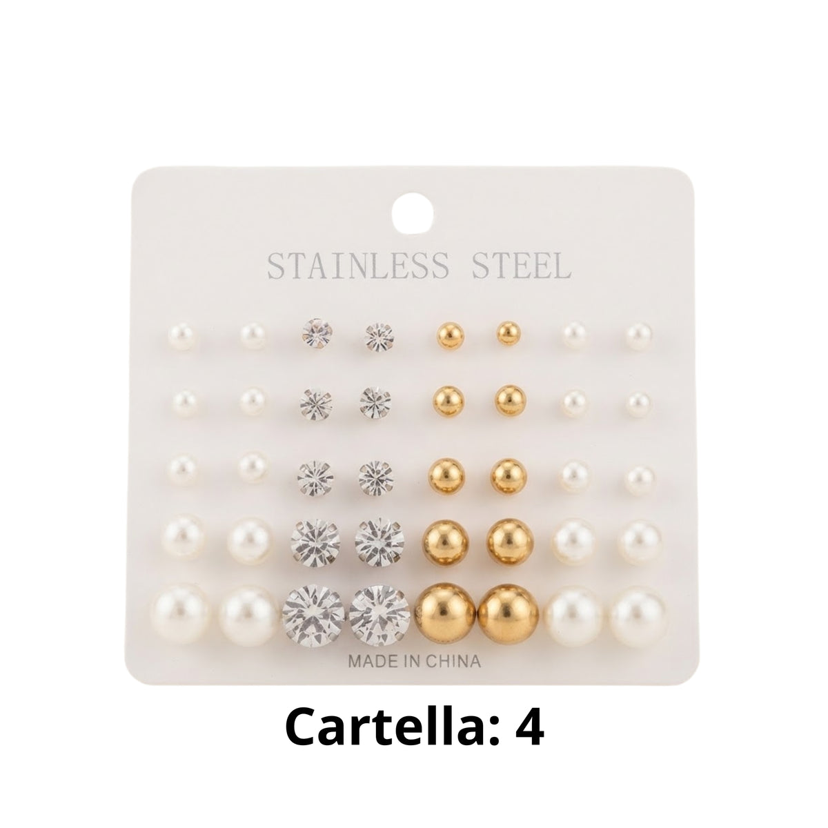 Set Orecchini a Bottone Misti in Acciaio Inossidabile - Perle, Strass e Metallo, Multicolore 6 cartelle