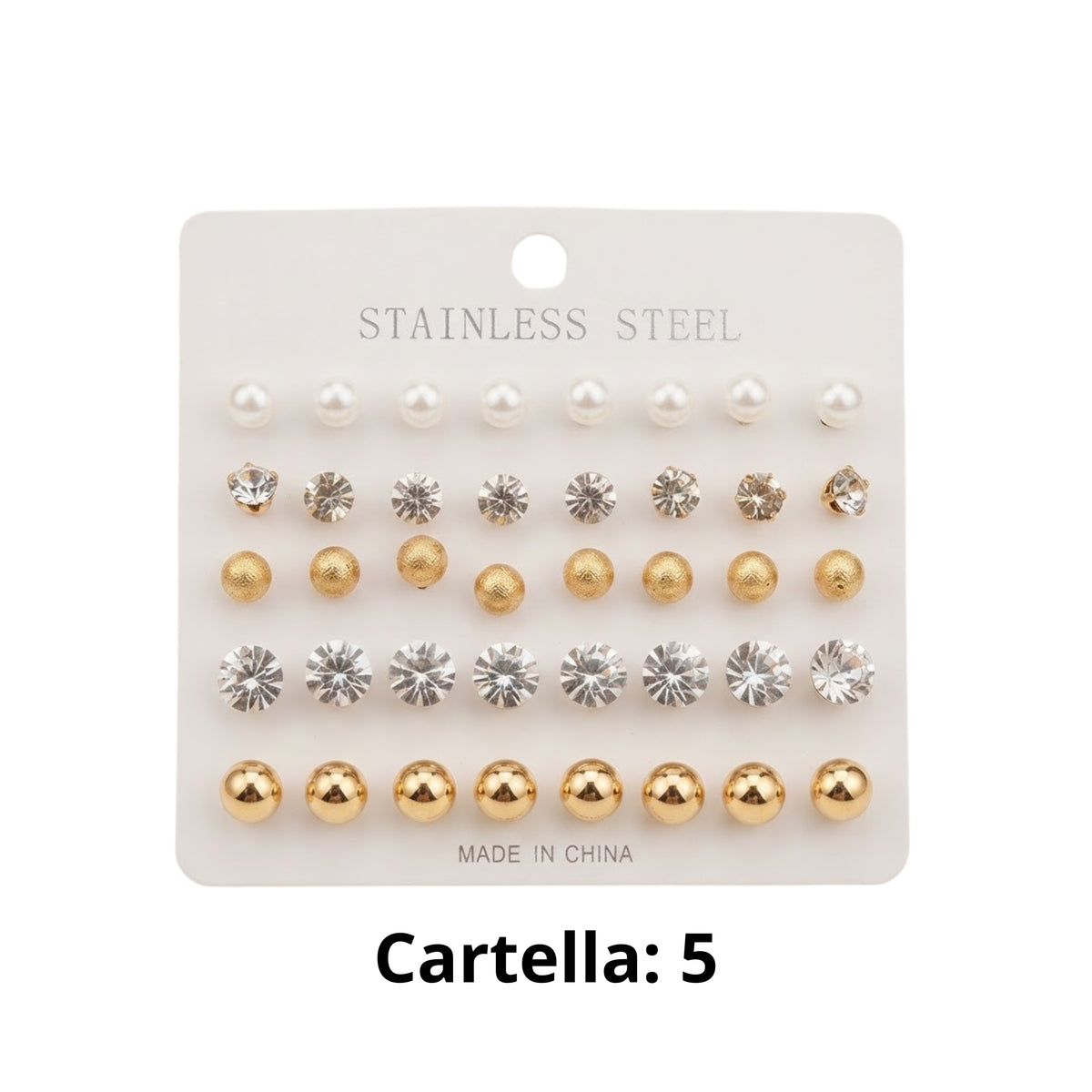 Set Orecchini a Bottone Misti in Acciaio Inossidabile - Perle, Strass e Metallo, Multicolore 6 cartelle