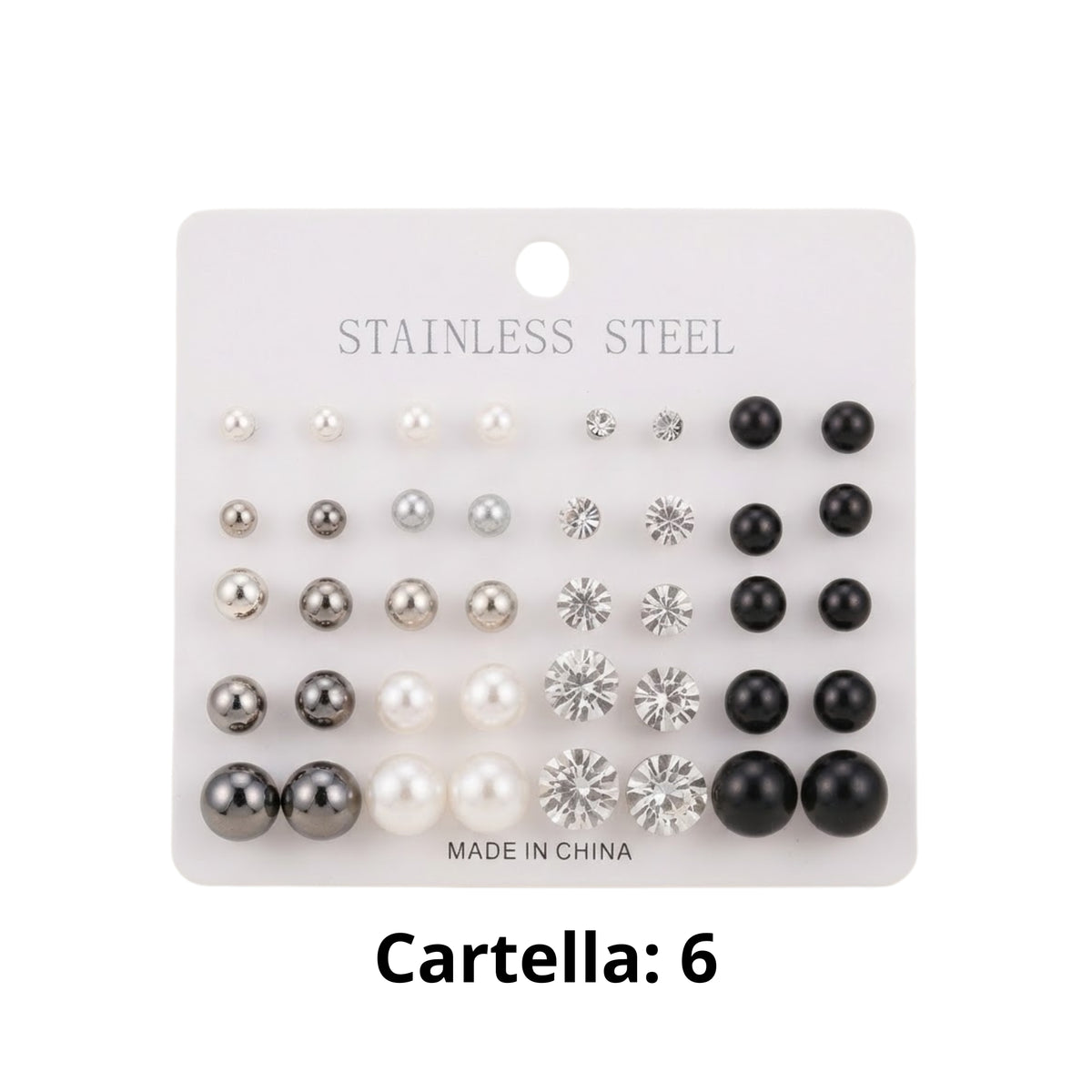 Set Orecchini a Bottone Misti in Acciaio Inossidabile - Perle, Strass e Metallo, Multicolore 6 cartelle
