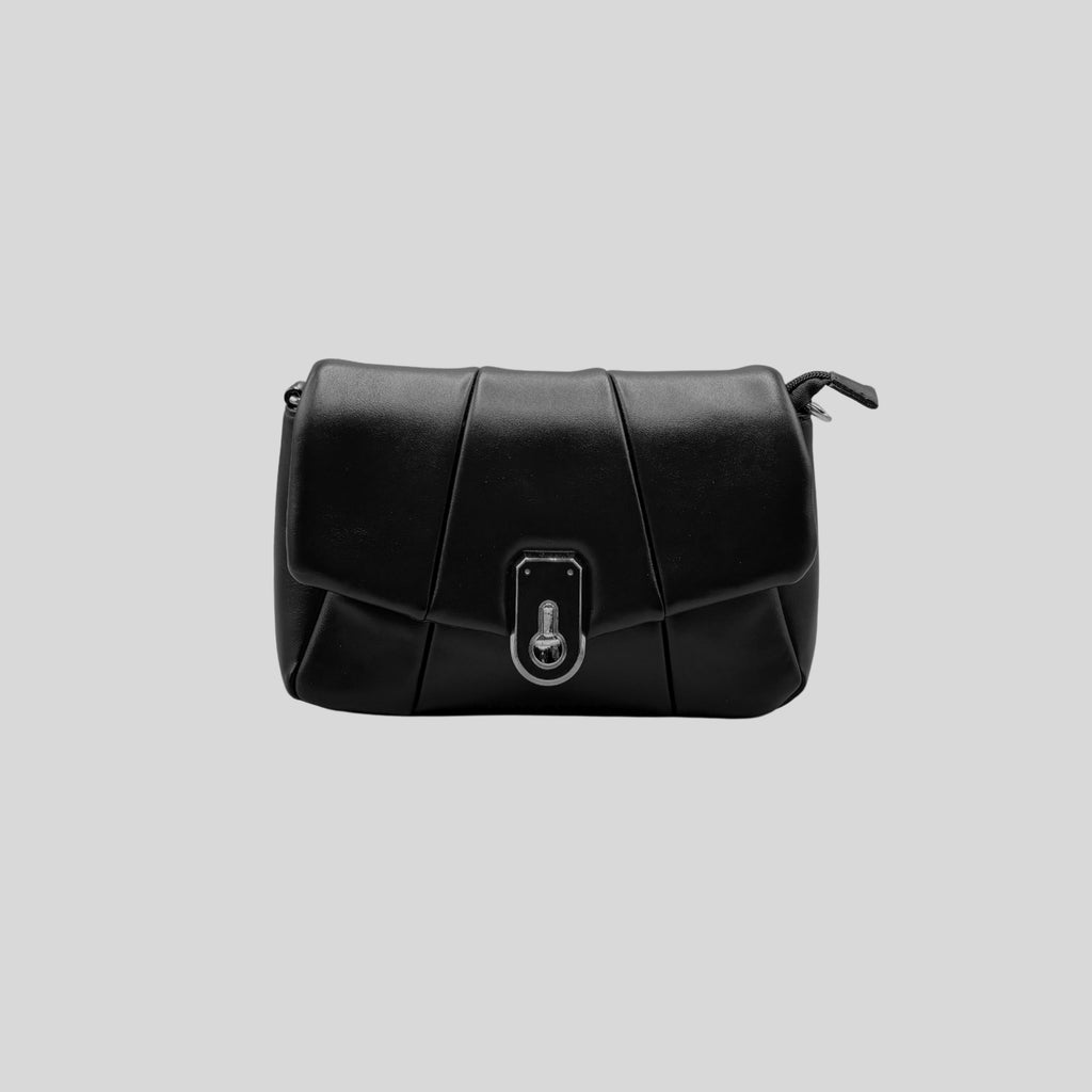 Borsa a Tracolla Donna Nera Trapuntata con Fibbia Metallica – Mini Bag Effetto Imbottito