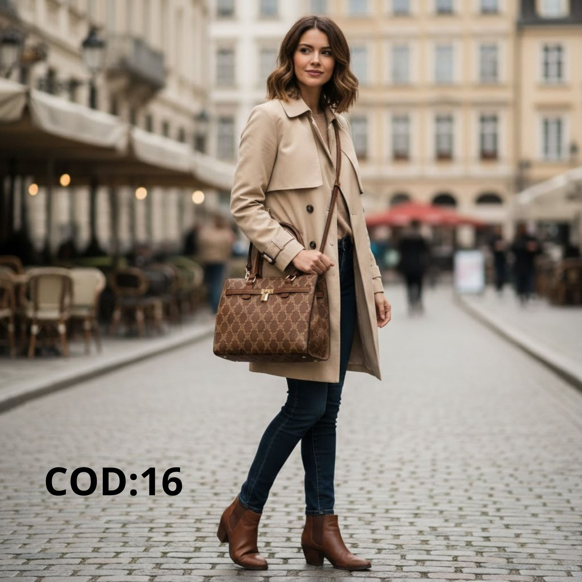 Borsa a Mano Charro con Stampa Monogram e Lucchetto – Marrone Chiaro / Cuoio