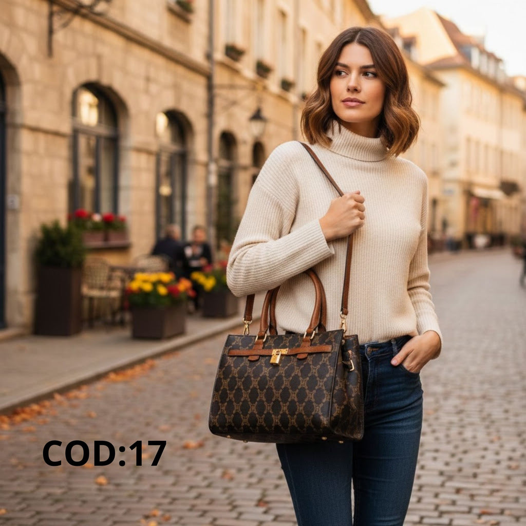 Borsa a Mano Charro con Stampa Monogram e Lucchetto – Marrone Scuro / Cioccolato