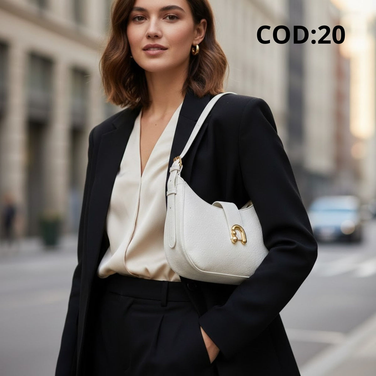 Borsa a Spalla Charro a Mezzaluna con Fibbia Dorata – Bianco
