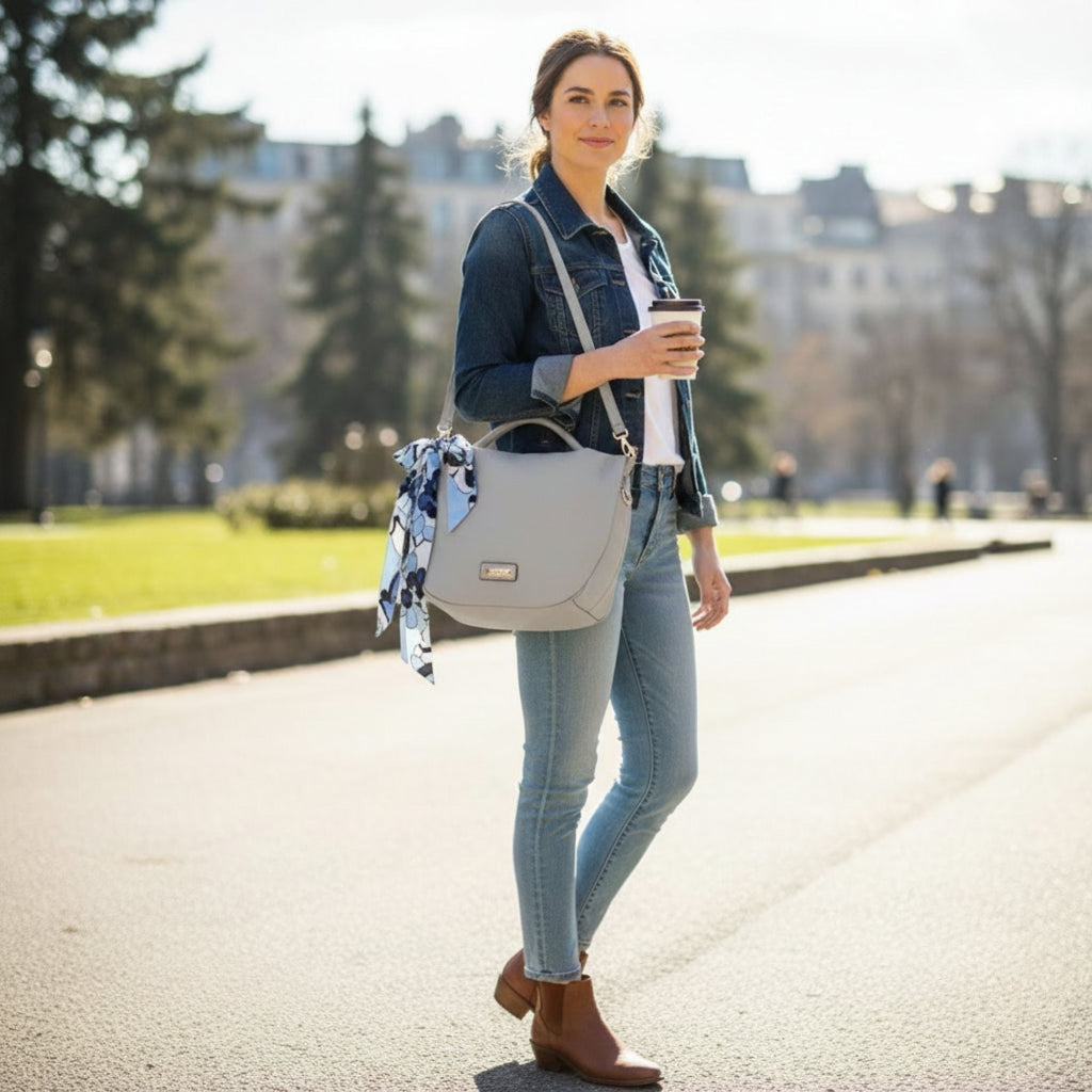 Borsa Donna Charro a Mano e Tracolla Grigia con Foulard Floreale