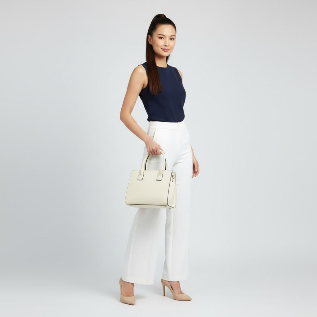 Borsa a Mano Rigida da Donna con Bordi a Contrasto — Panna / Bianco Panna