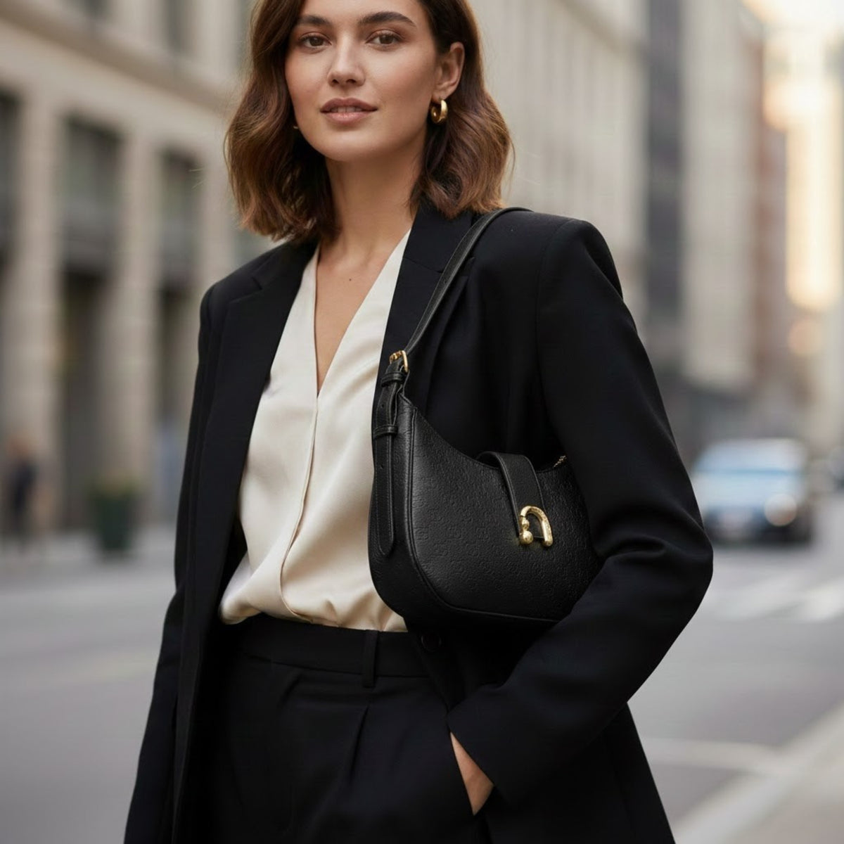 Borsa a Spalla Charro a Mezzaluna con Fibbia Dorata – Nero Classico