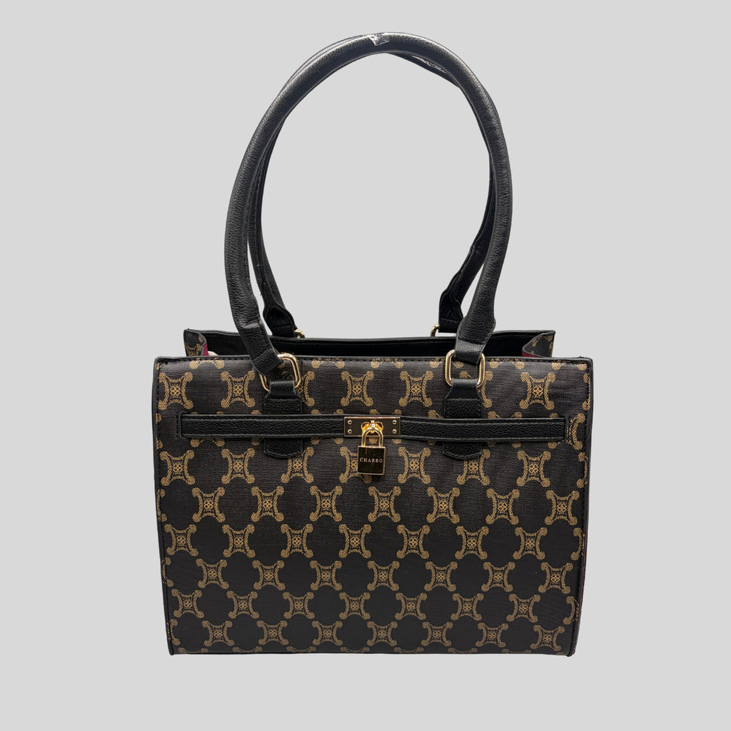 Borsa a Mano Charro con Stampa Monogram e Lucchetto – Nero e Bronzo