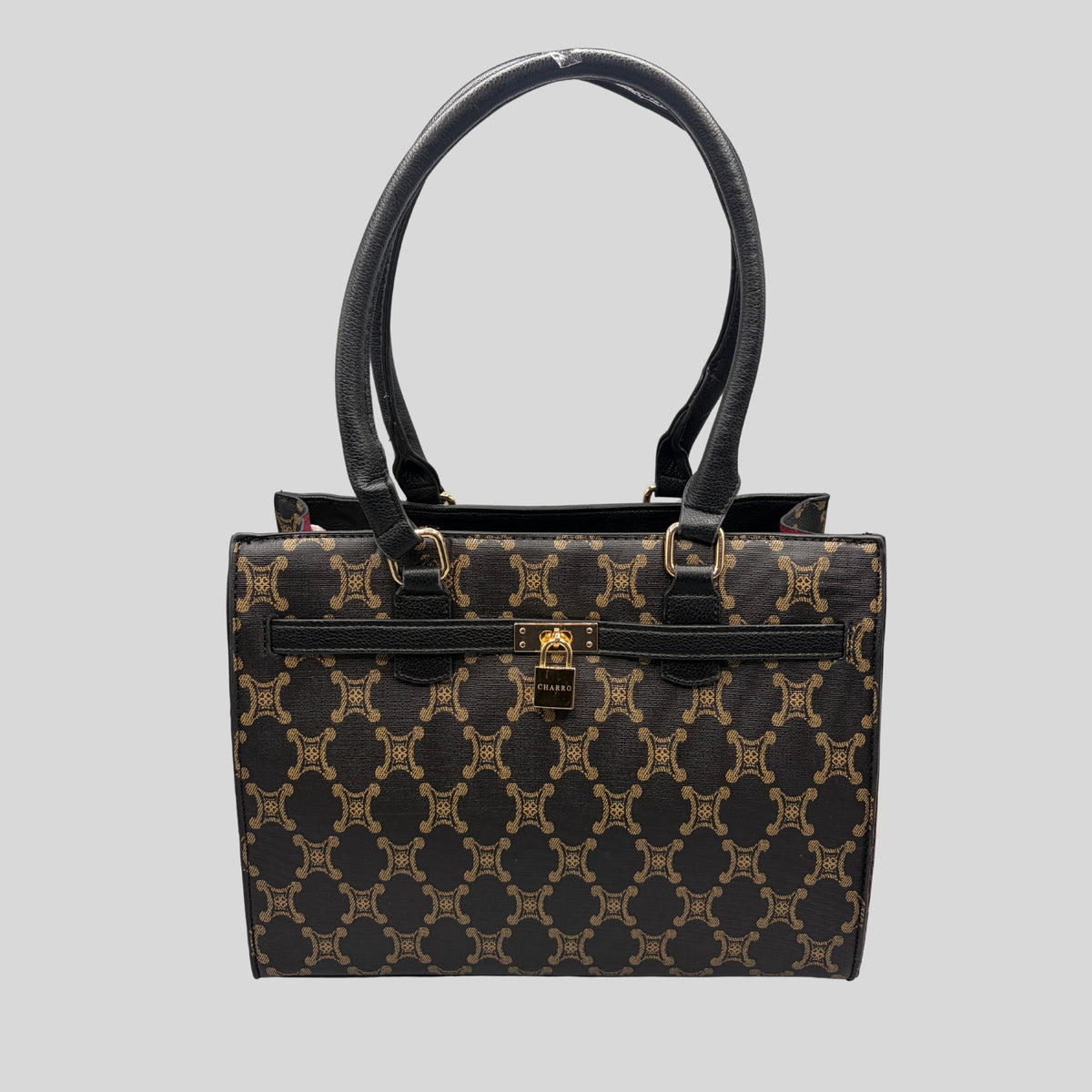 Borsa a Mano Charro con Stampa Monogram e Lucchetto – Nero e Bronzo