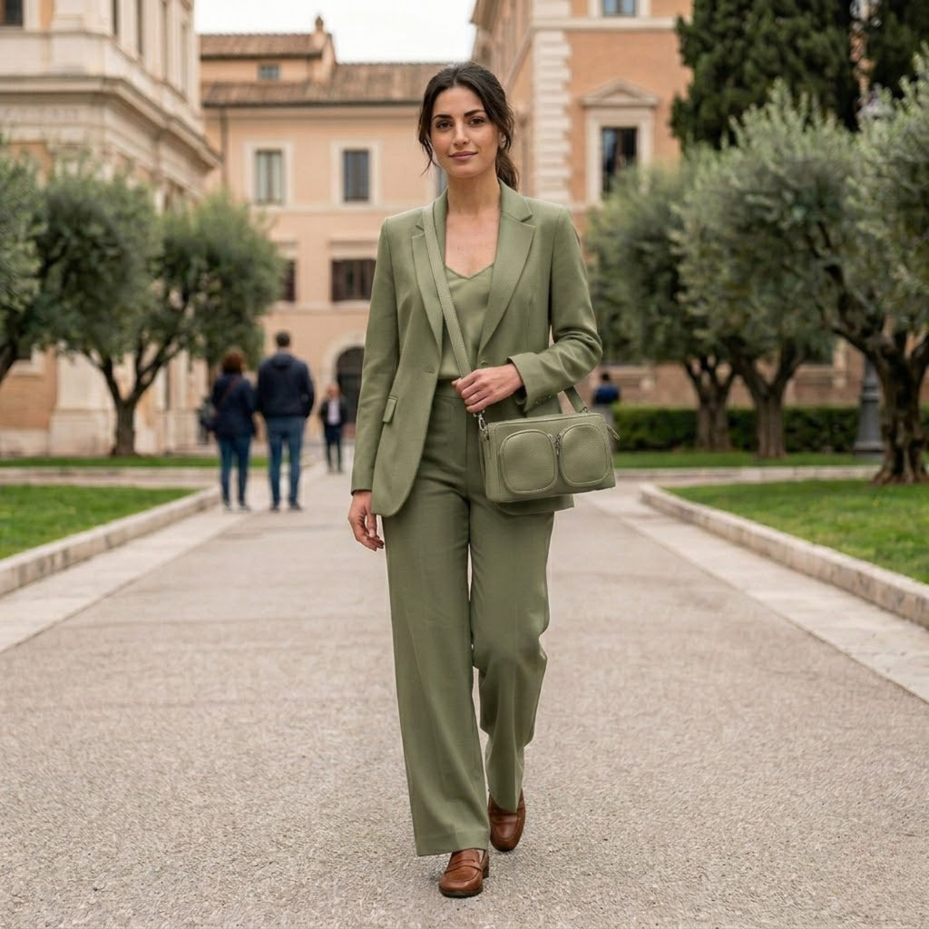 Borsa a Tracolla Donna Verde Salvia con Doppia Tasca Frontale – Crossbody Bag Stile Urban