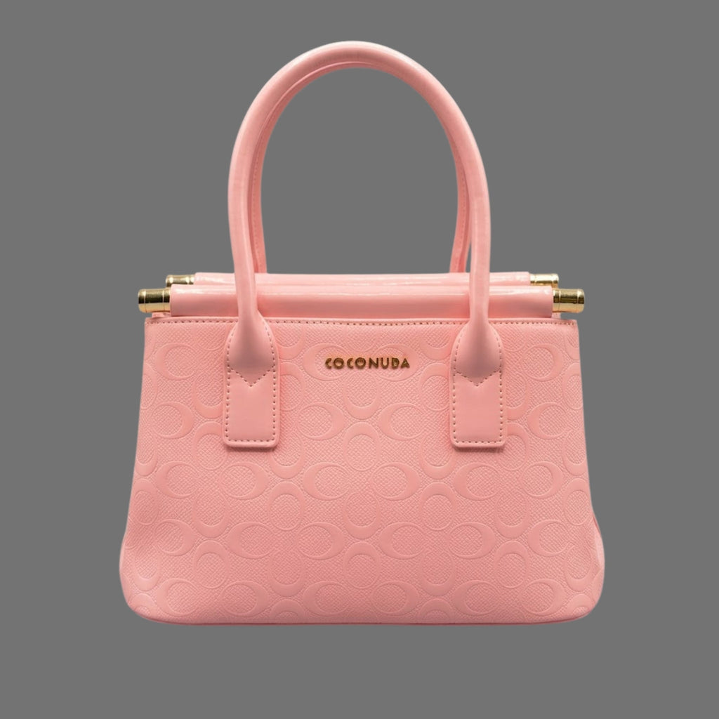 Borsa a Mano e Tracolla Coconuda Rosa con Texture Logata e Dettagli Oro - Donna Italiana