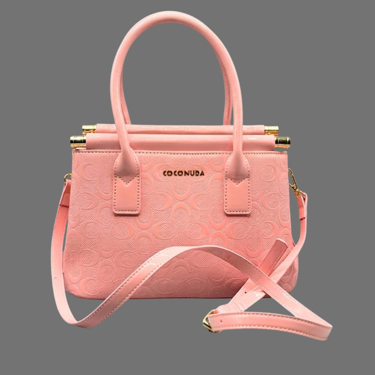 Borsa a Mano e Tracolla Coconuda Rosa con Texture Logata e Dettagli Oro - Donna Italiana