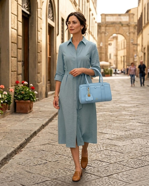 Borsa a Mano Enrico Coveri Azzurra in Saffiano con Mini Sacca Charm - Donna Italiana