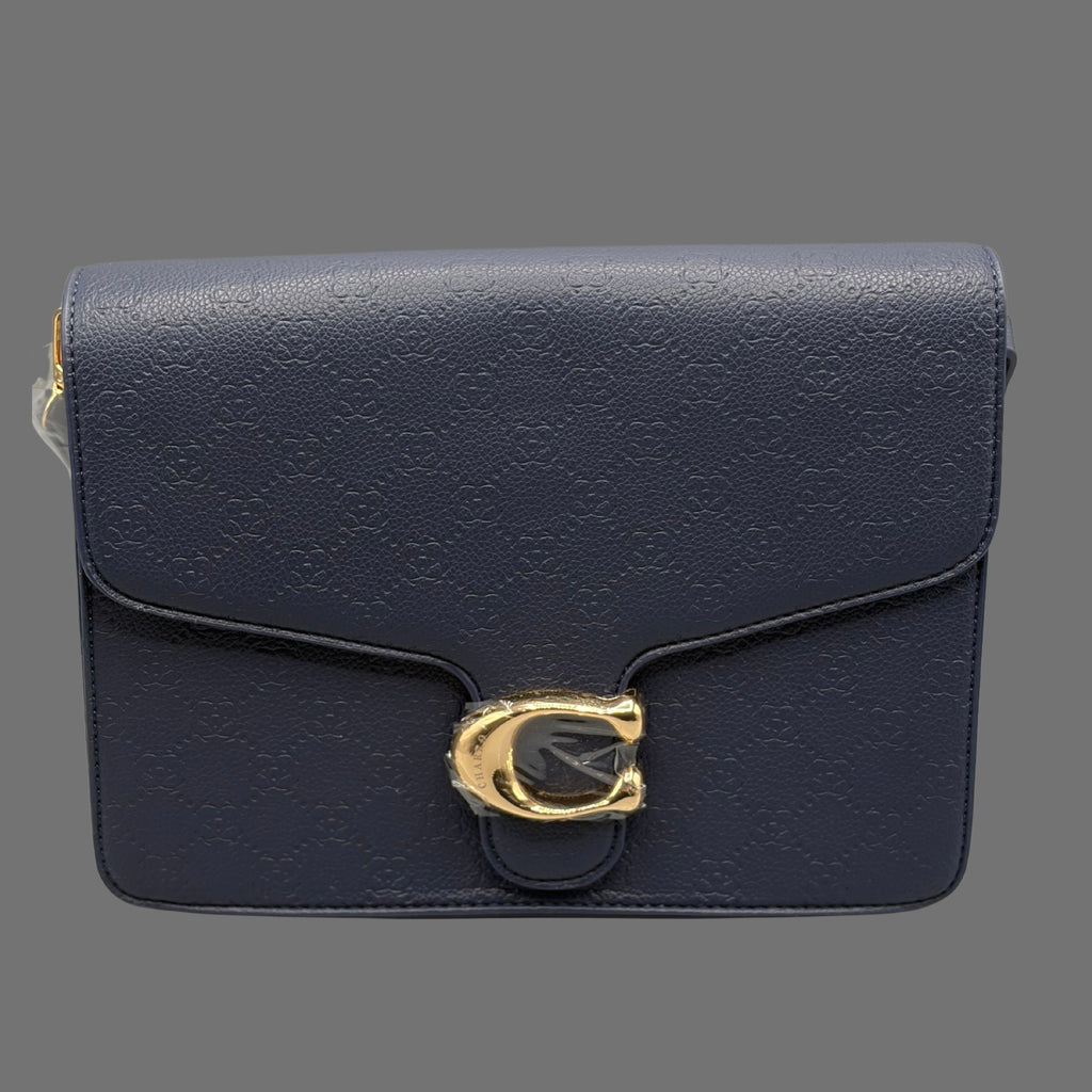 Borsa a Tracolla El Charro Blu Notte con Fibbia Logata Oro e Texture Monogram - Donna Italiana