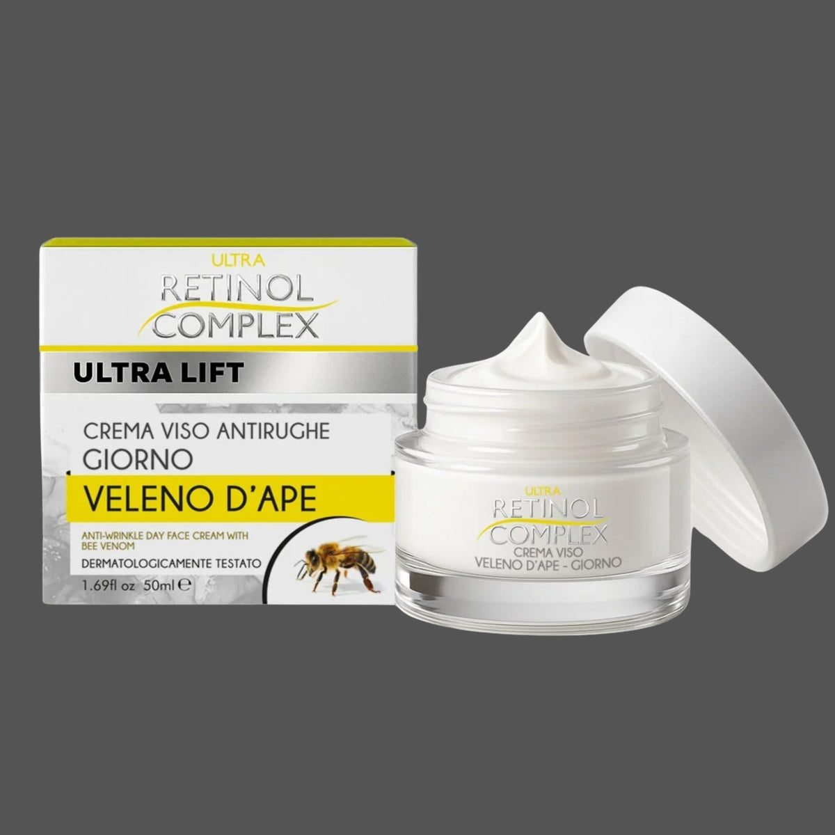 Crema Viso Giorno Antirughe al Veleno d'Ape Retinol Complex Ultra Lift – Dermatologicamente Testata 50ml Donna Italiana