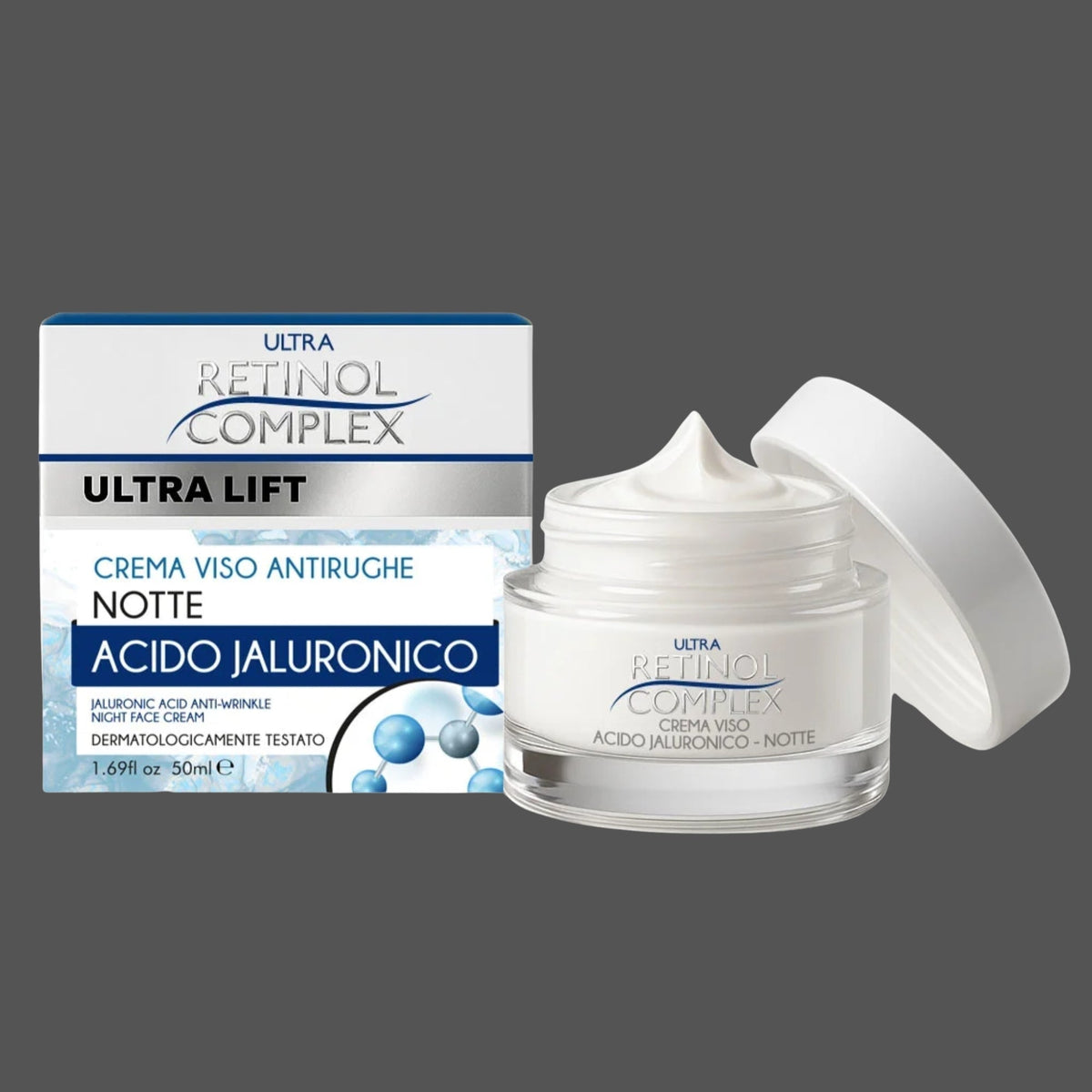 Crema Viso Notte Antirughe Acido Jaluronico Retinol Complex Ultra Lift – Dermatologicamente Testata 50ml Donna Italiana