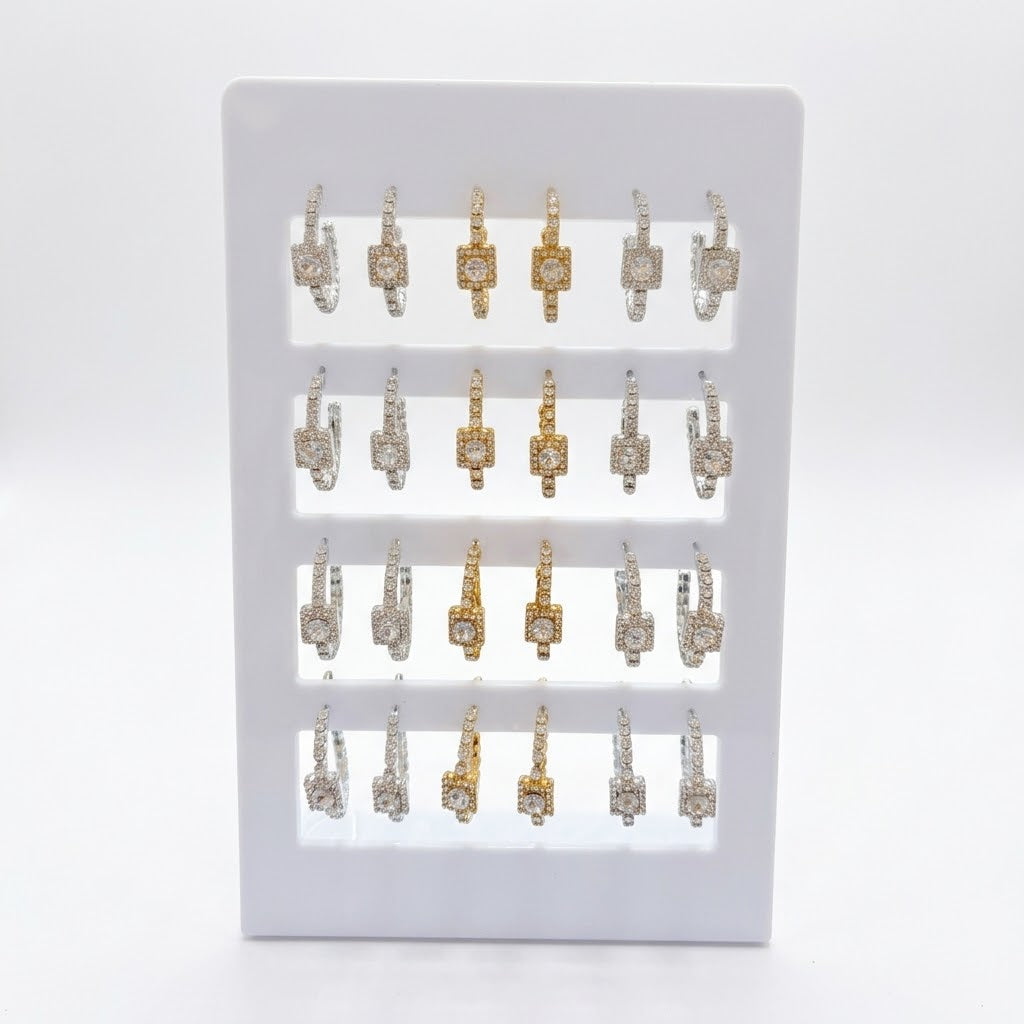 Orecchini Pendenti Zirconi con Ciondolo Quadrato - Colore Argento e Oro 24 pz
