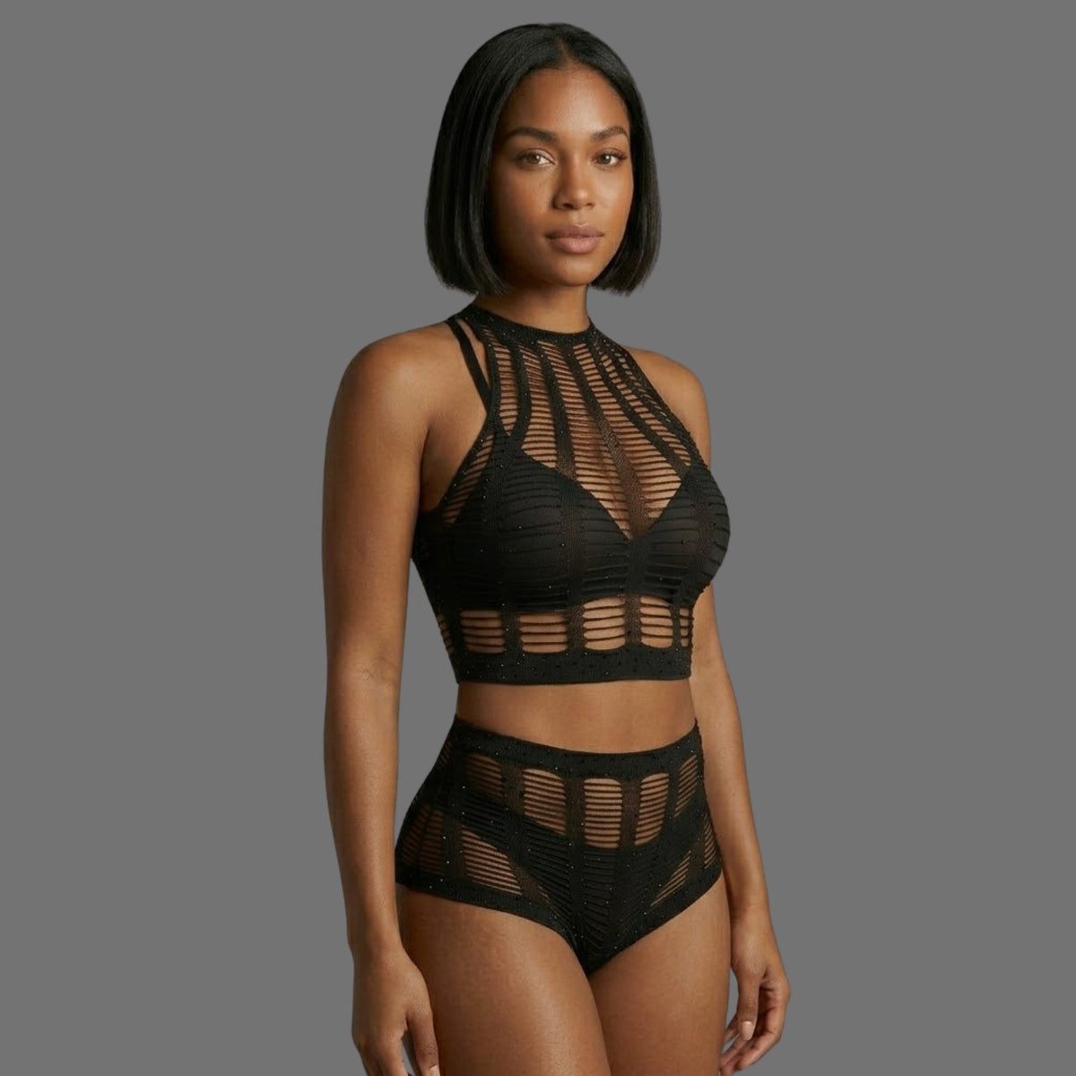 Set intimo nero a rete con bralette e slip vita alta donna - Donna Italiana